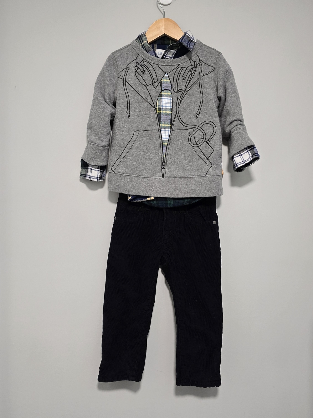 GAP X SJP Gray Sweatshirt with Flannel Plaid Shirt Accent  Corduroy Pants Outfit
